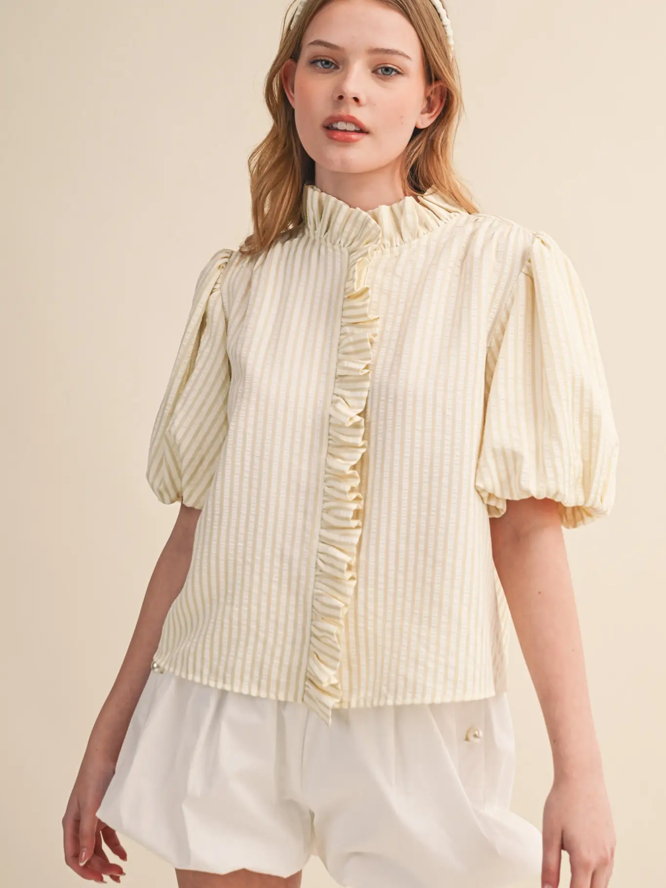 Striped Ruffled Button Down Top - LIGHT TAUPE
