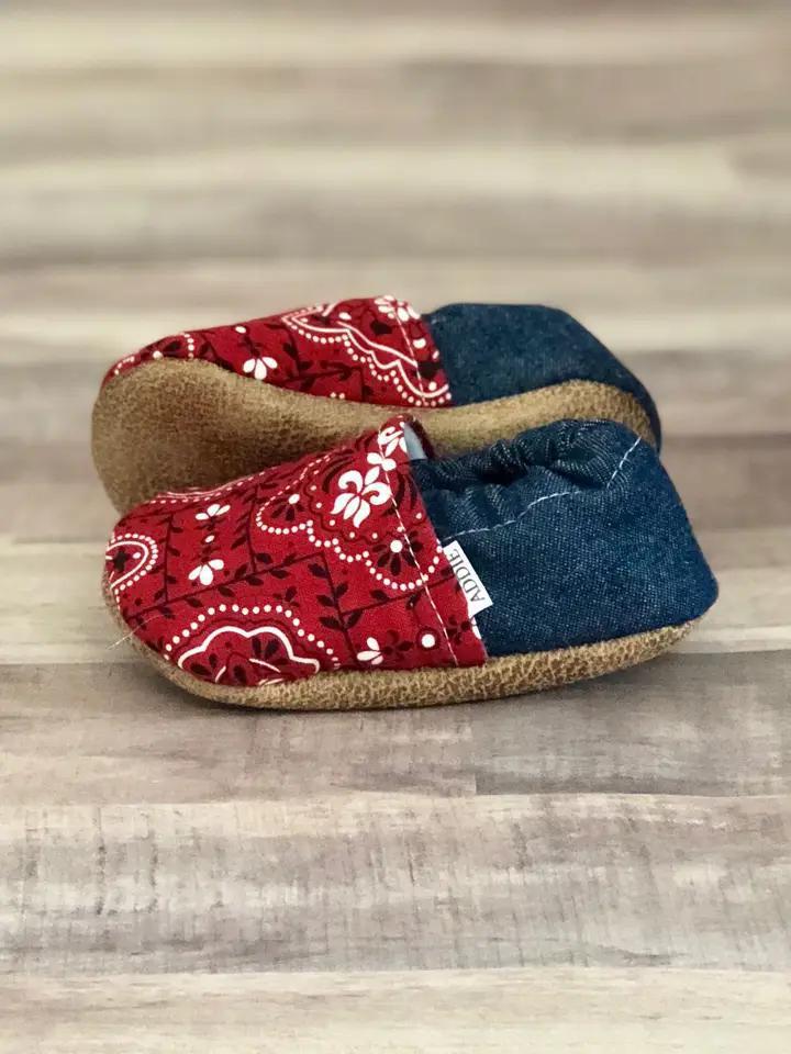 Red Paisley and Denim Moccasins