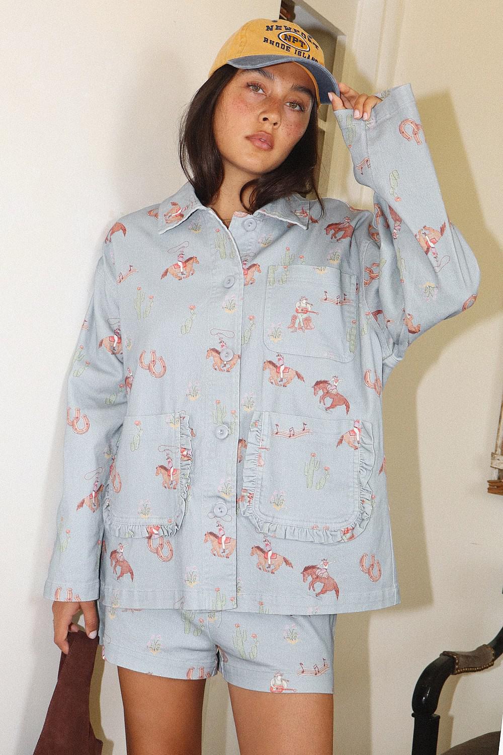 COWGIRL PRINT BUTTON DOWN JACKET - BLUE
