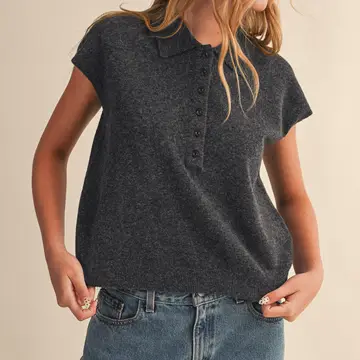 Cap Sleeve Collared Sweater Vest - BLACK