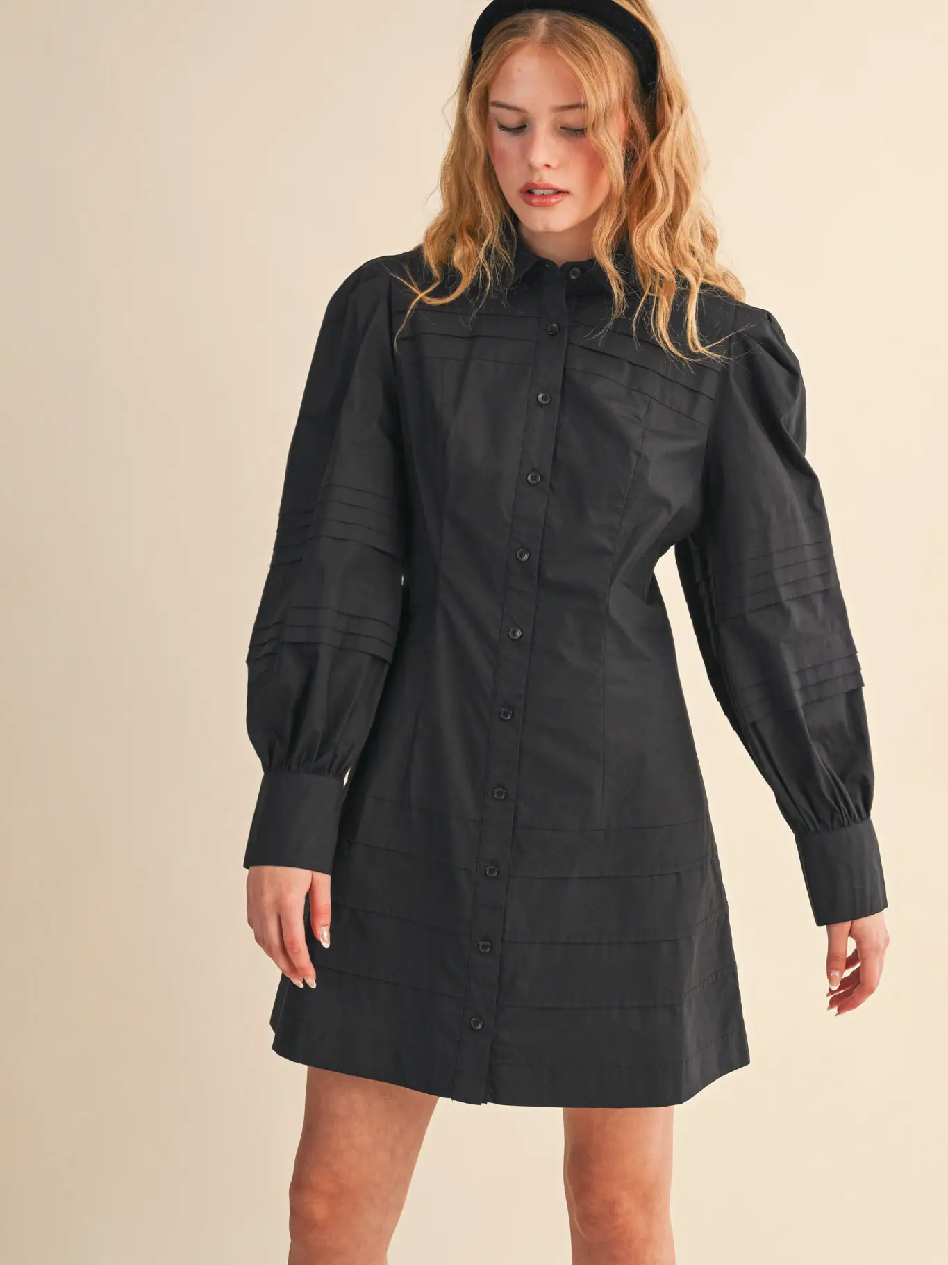 Pin Tuck Detail Button Down Mini Dress - BLACK