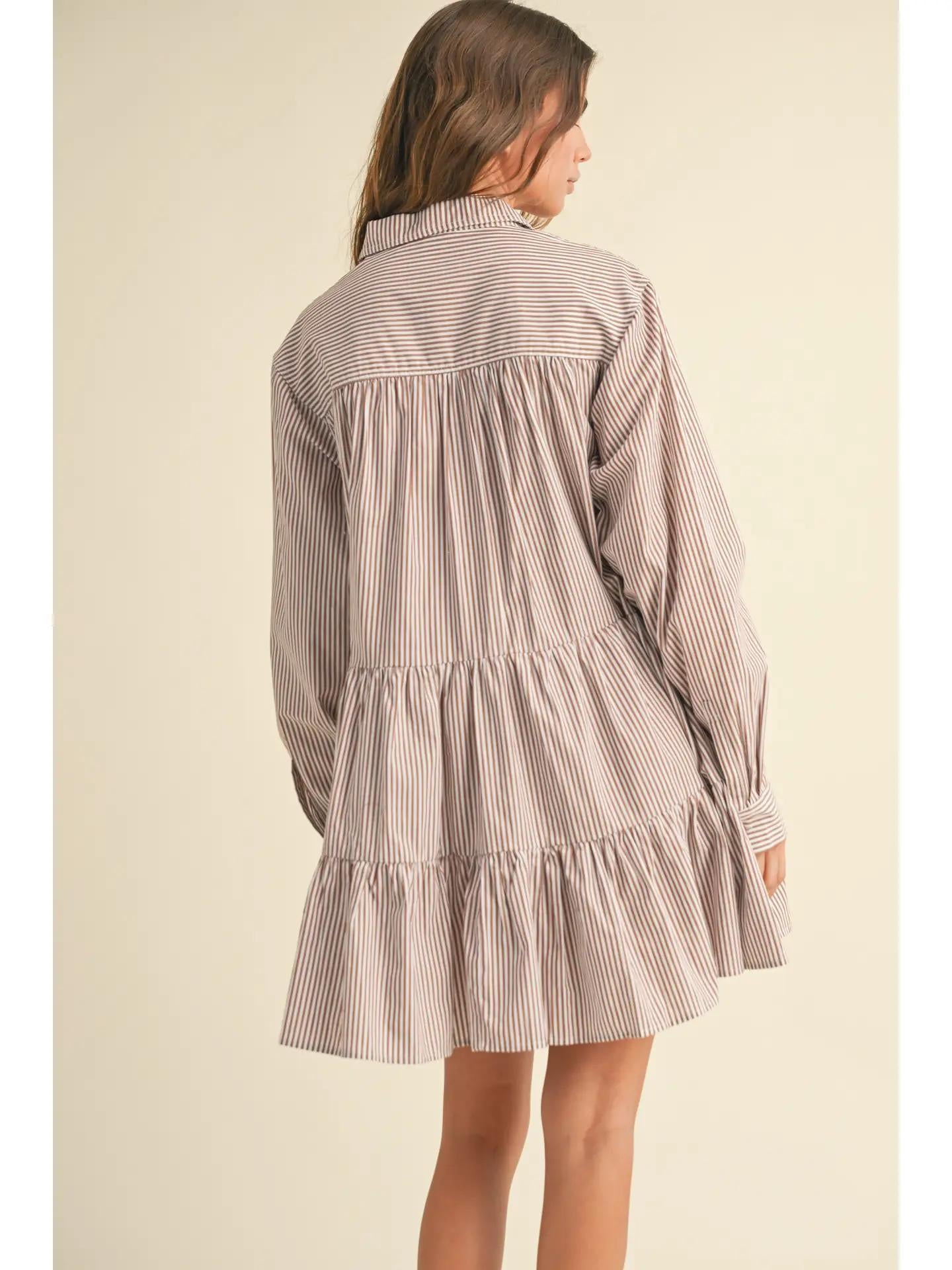 Striped Pattern Buttondown Tiered Bottom Dress - Brown