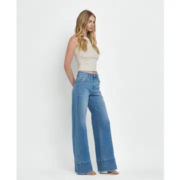 High Rise Raw Hem Wide A Line Jeans - LEGITIMATE
