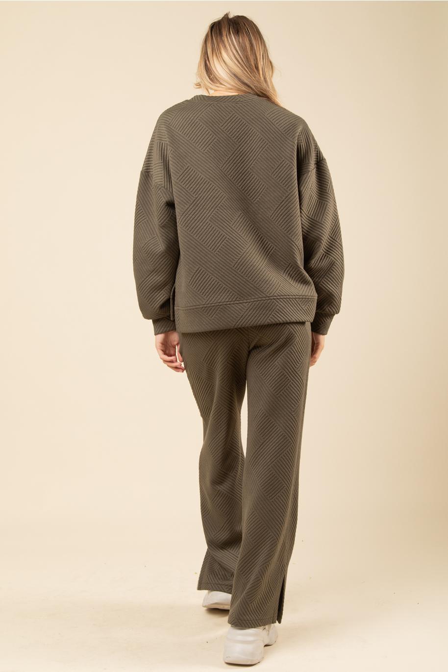Quilted Double Knit Loungewear Top & Pants Set - Olive