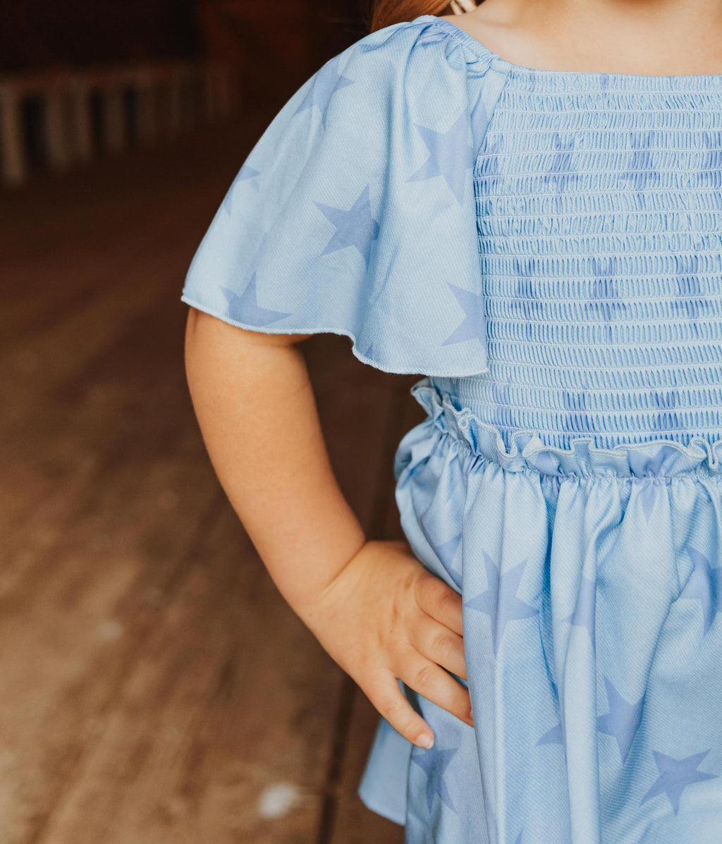 BLUE STAR SMOCKED RUFFLE GIRL DRESS