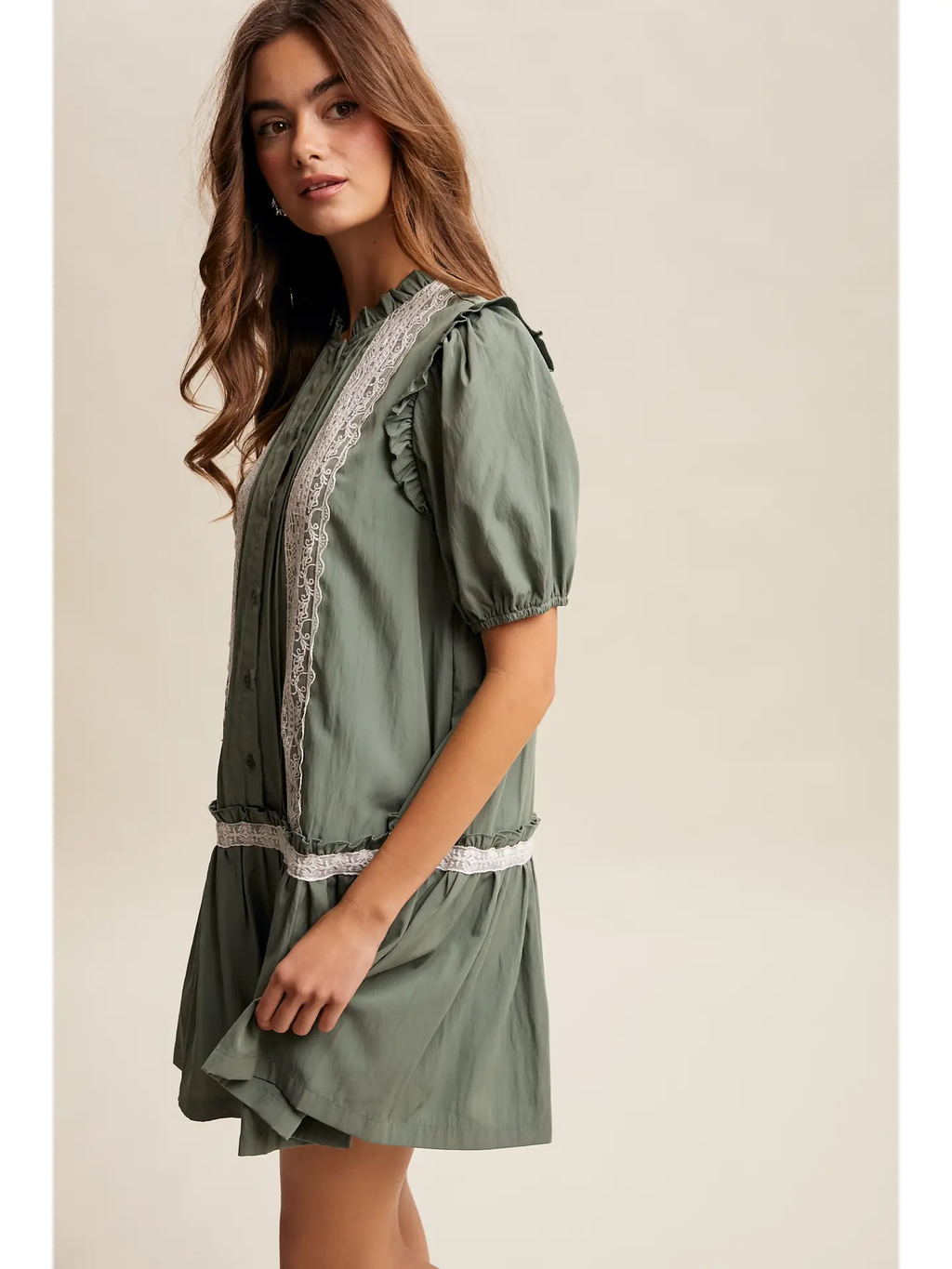 Lace Trimmed Babydoll Dress - EUCALYPTUS