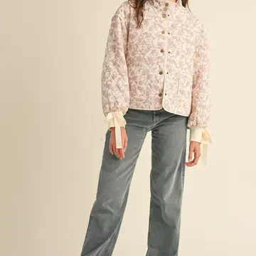 Floral Quilted Jacket with Ribbon Detail - IVORY PINK FLORAL