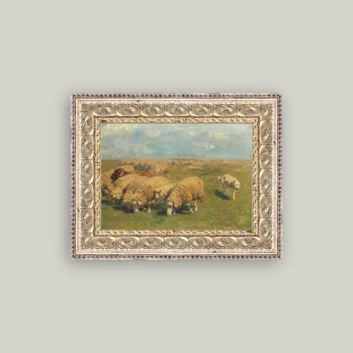 Sheep with Sheep Dog Framed Antique Art