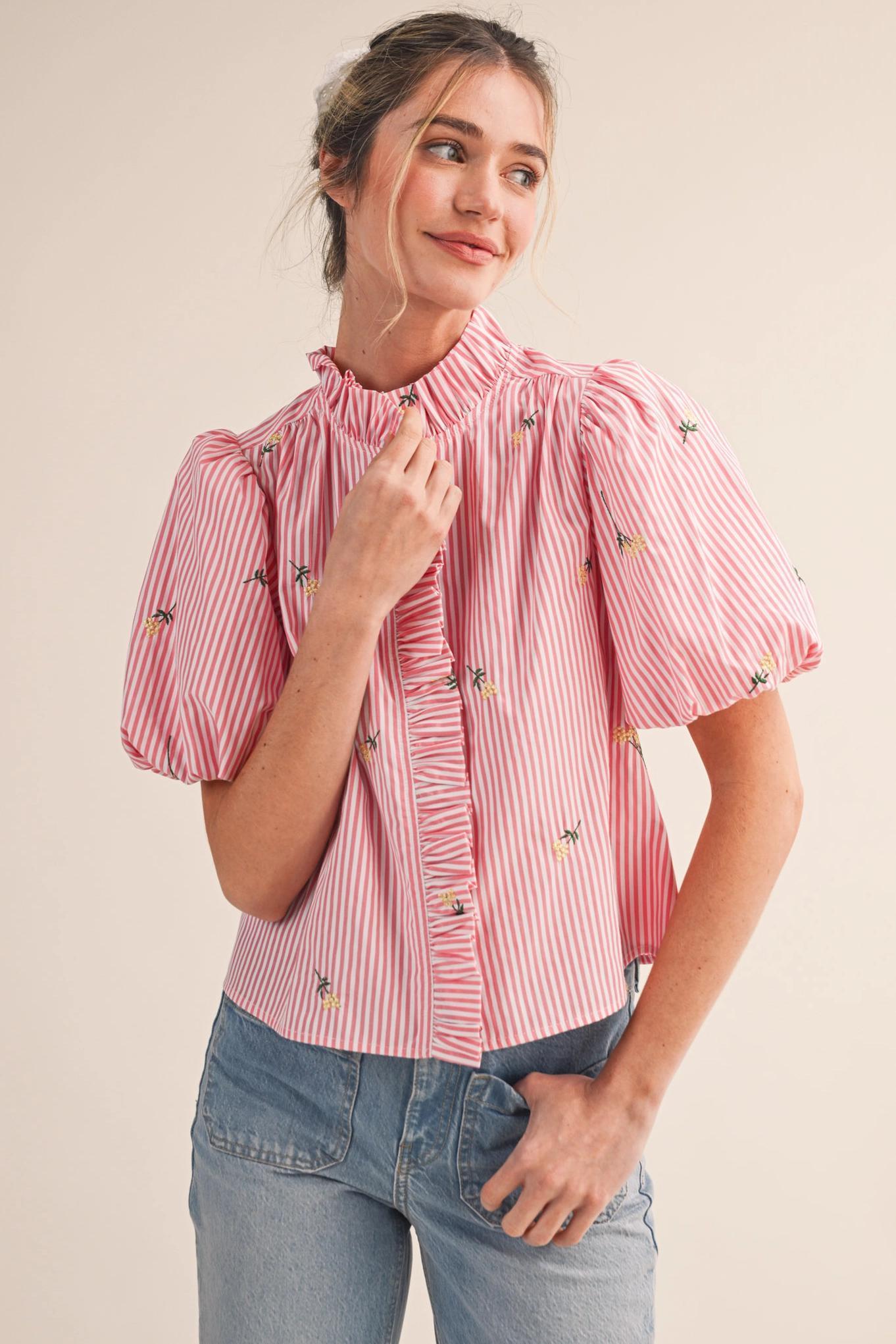 Floral Embroidery Striped Ruffled Button Down Top - Pink Berry Stripe