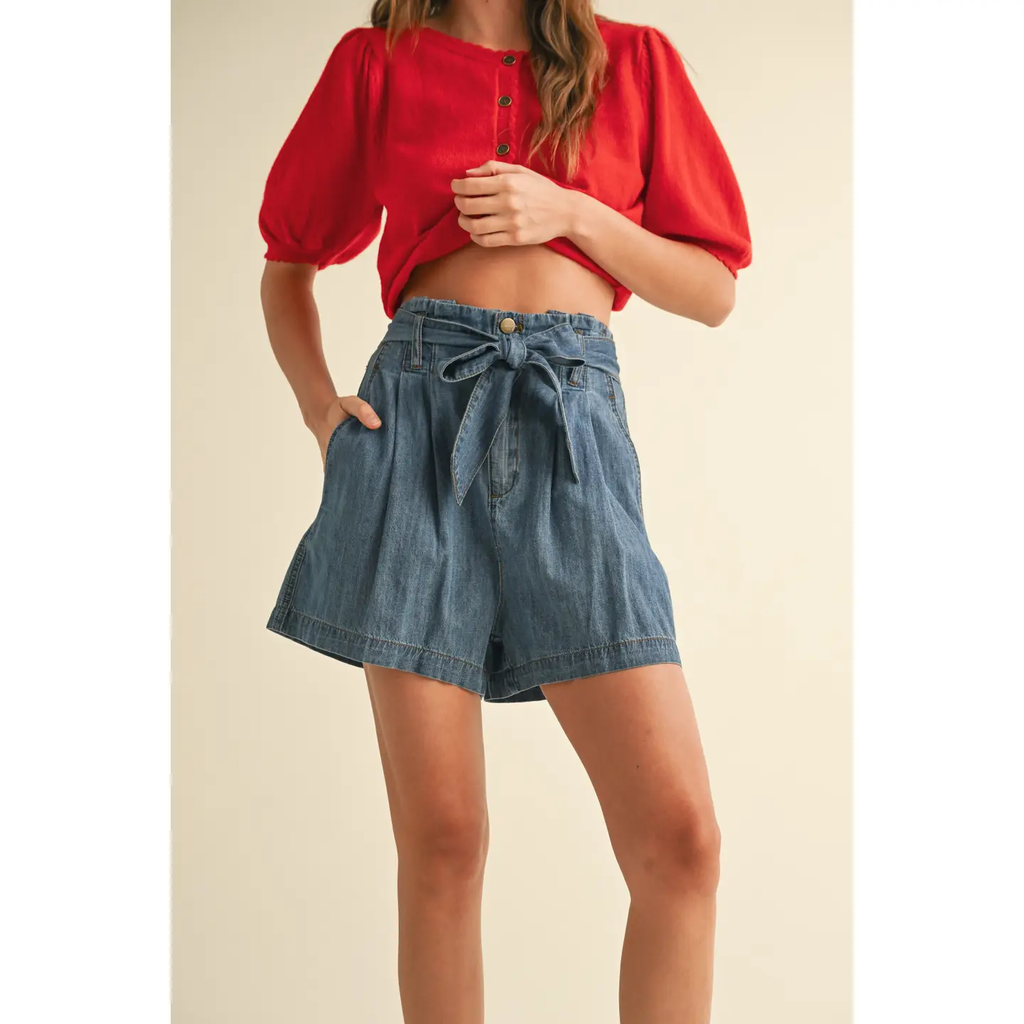 Chambray Denim Paperbag Waist Shorts