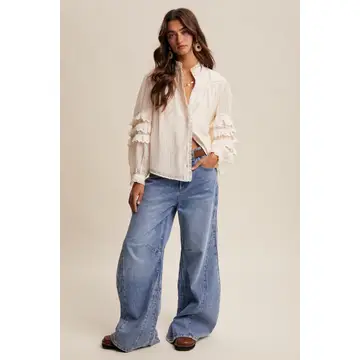 Lace Ruffle Sleeve Pintuck Blous - CREAM