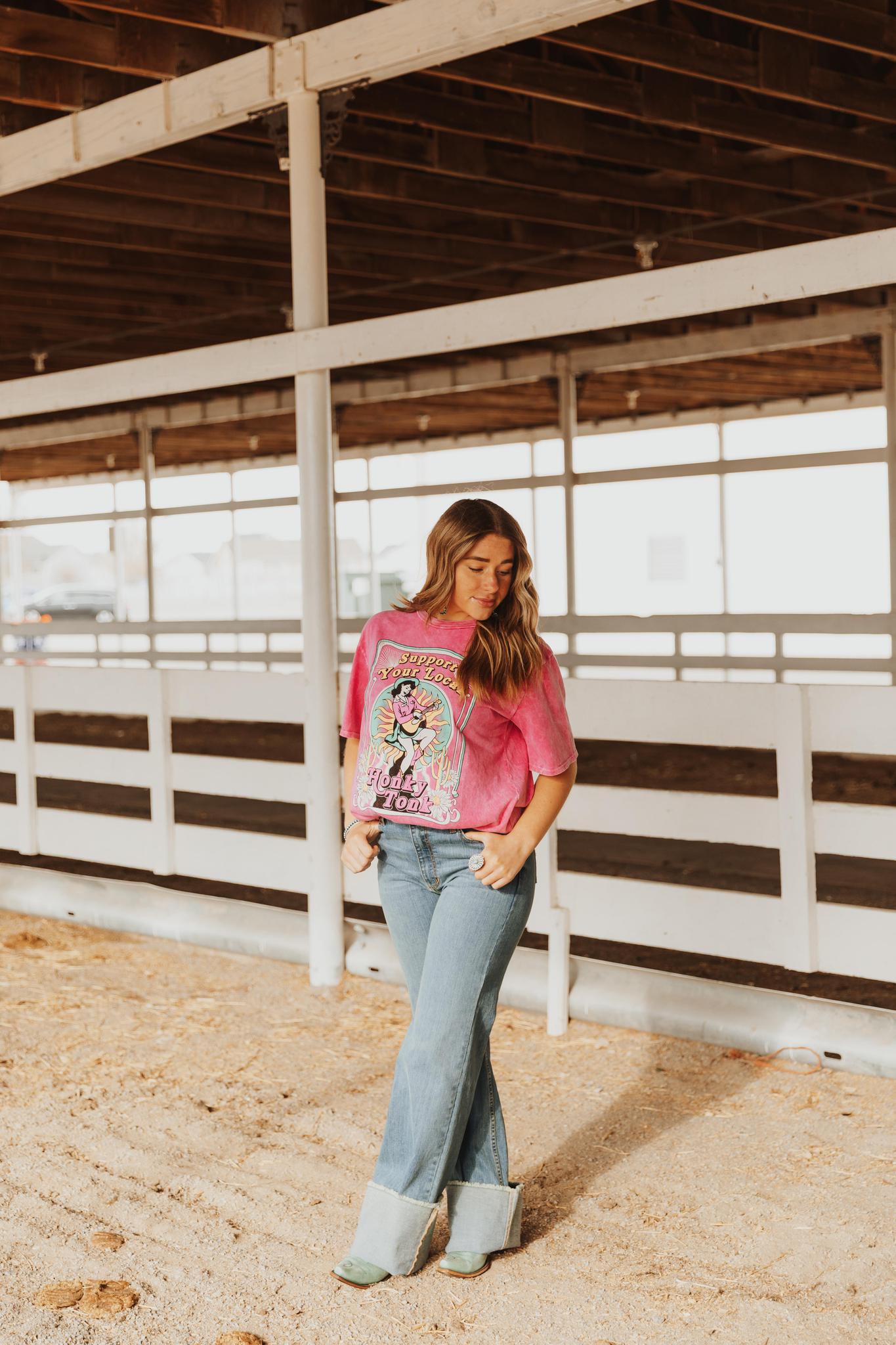 SUPPORT YOUR LOCAL HONKY TONK OVERSIZED MINERAL MAGENTA WASHED T SHIRT