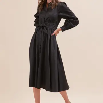 Pintuck Waist Tie Front Midi Dress - Black