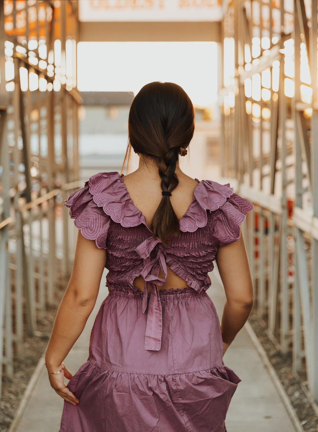 Cotton Poplin Ruffle Slv Smocked Bodice Midi Dress - Grape Nectar