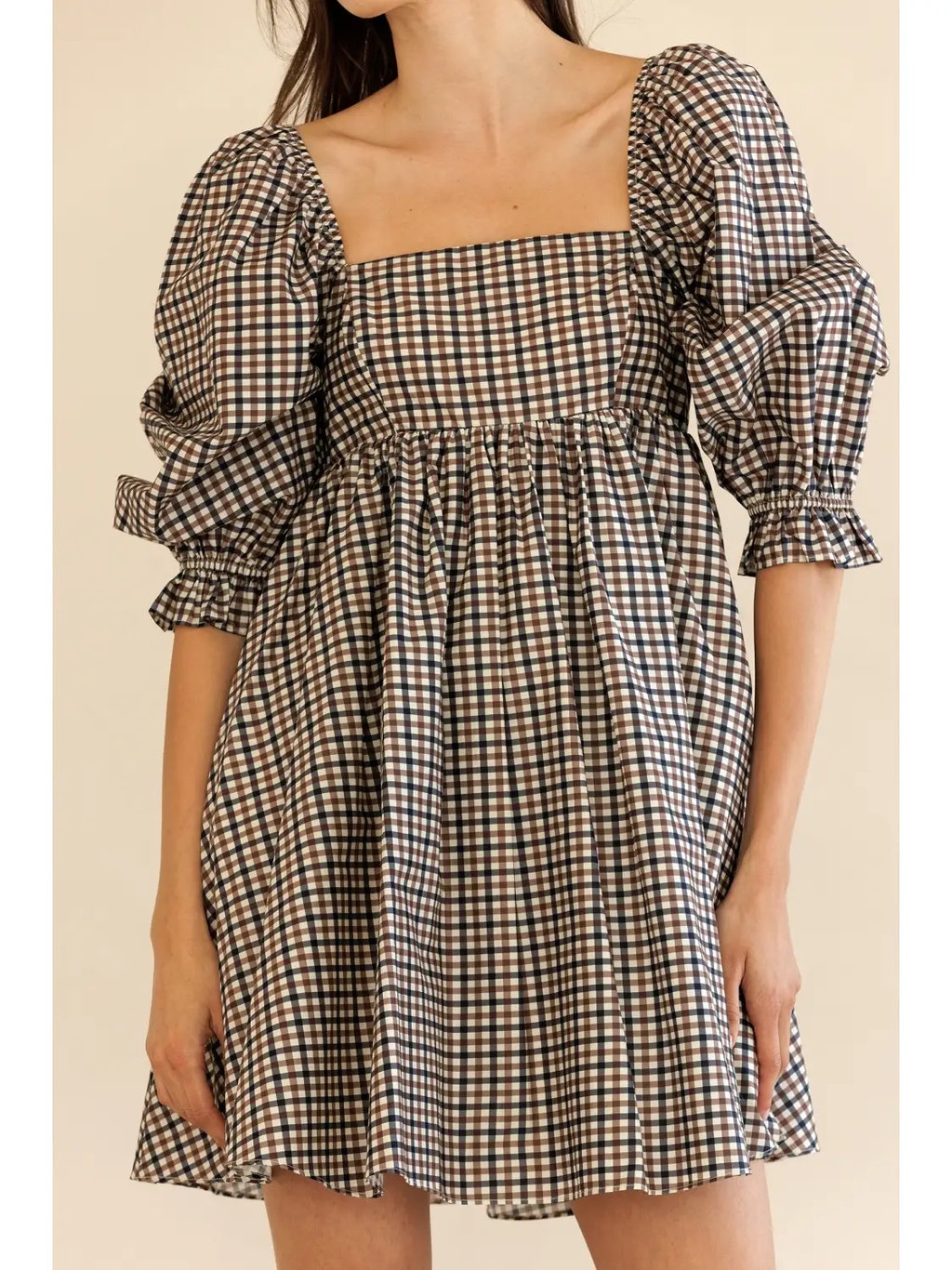 GINGHAM Puff Sleeve Mini Dress - Brown/Navy