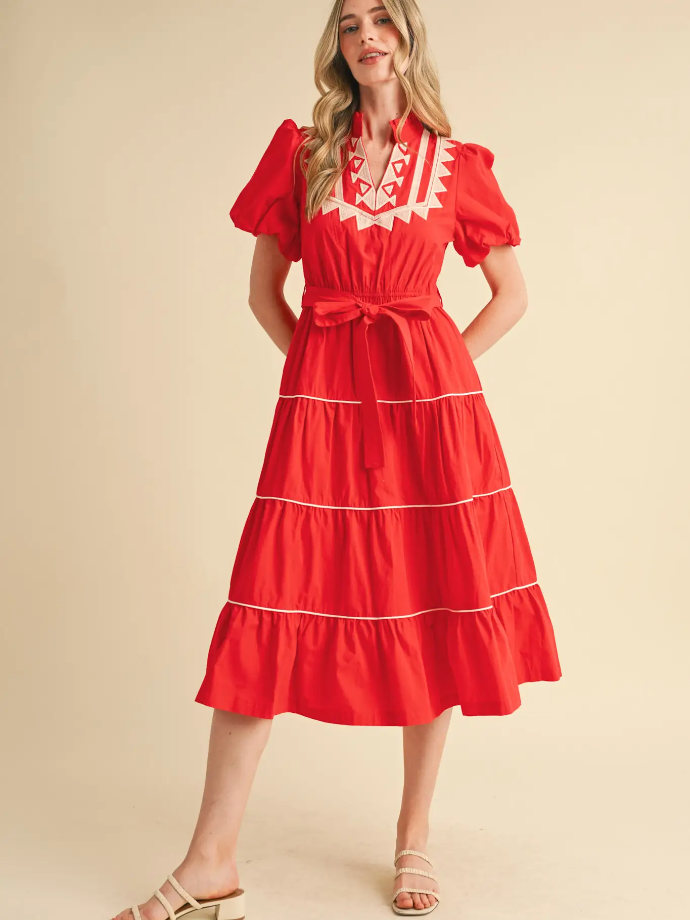 Embroidered Puff Sleeve Tiered Midi Dress - CHERRY RED