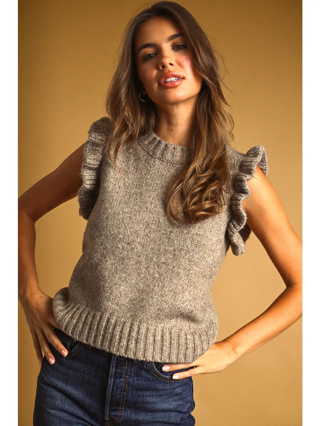 Ruffle Sleeve Sweater Top - MOCHA
