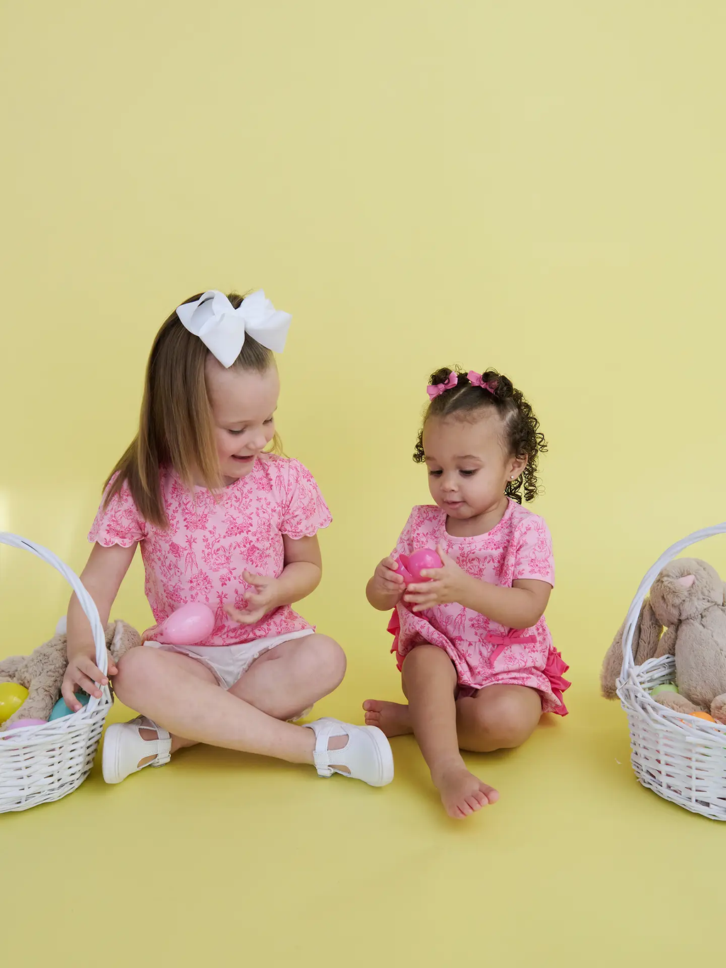 Baby Girls Pink Cottontail Toile Knit Short Sleeve Bow Bubble Romper