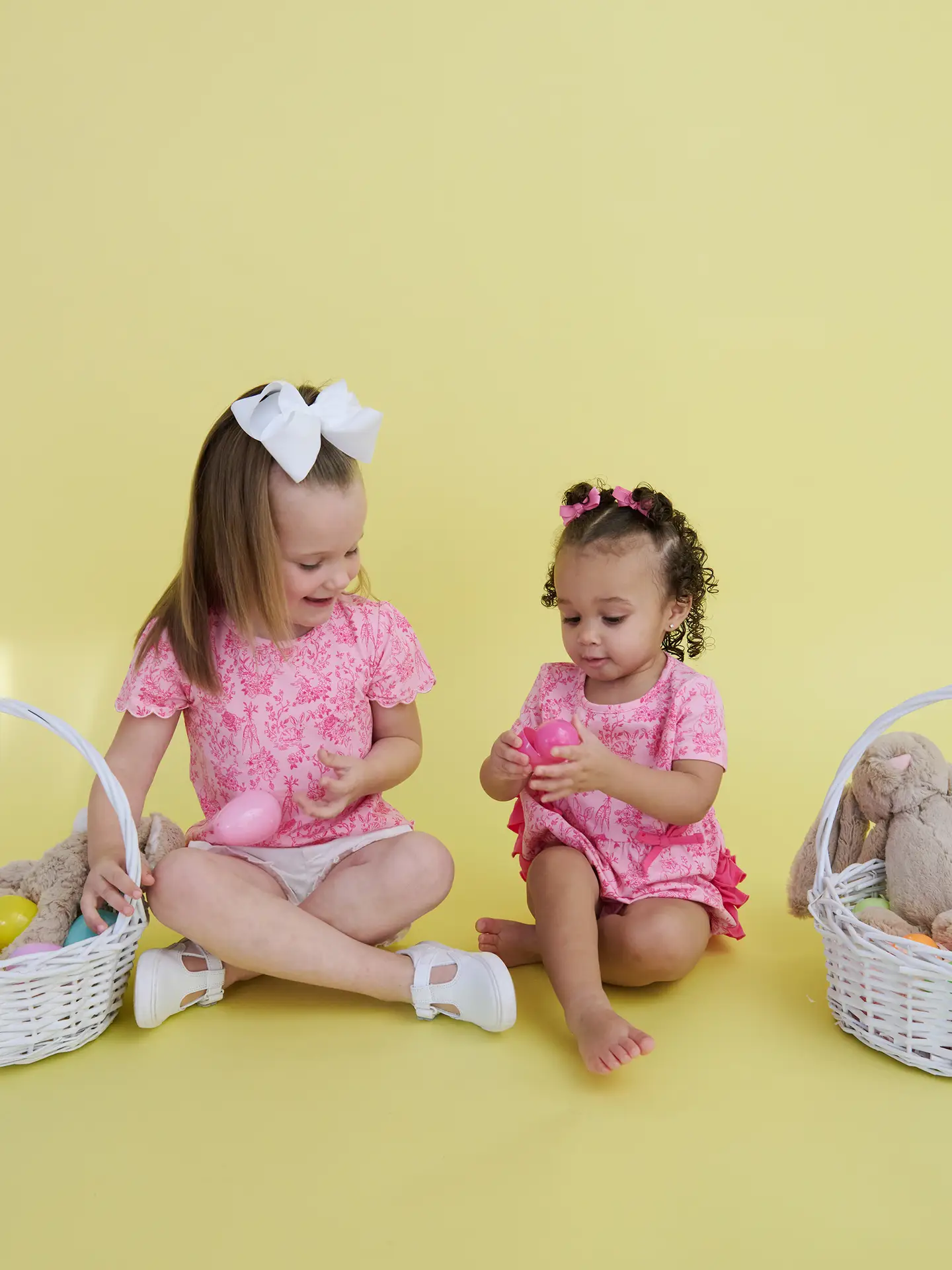 Baby Girls Pink Cottontail Toile Knit Short Sleeve Bow Bubble Romper