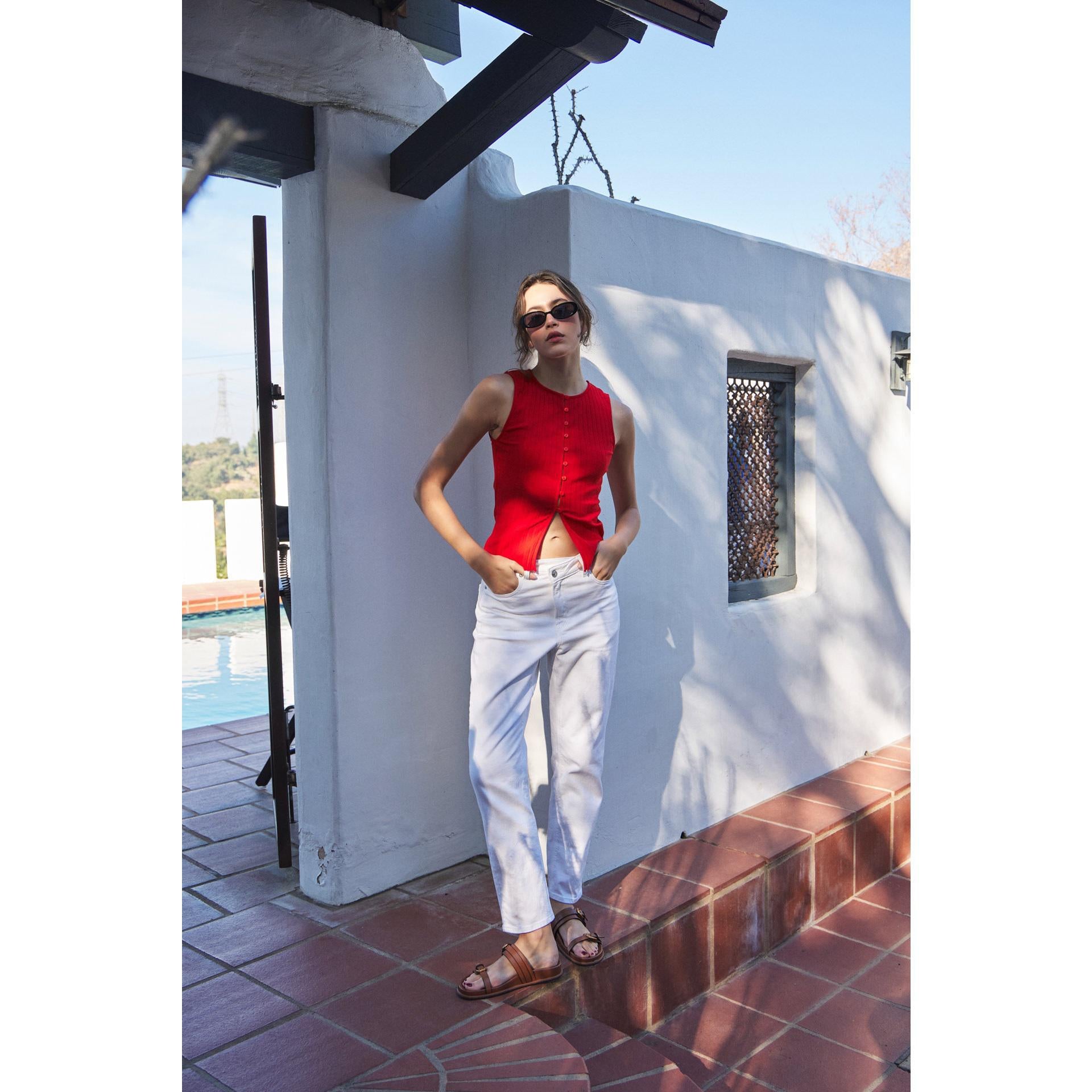 Ribbed Knit Button-Down Sleeveless Top