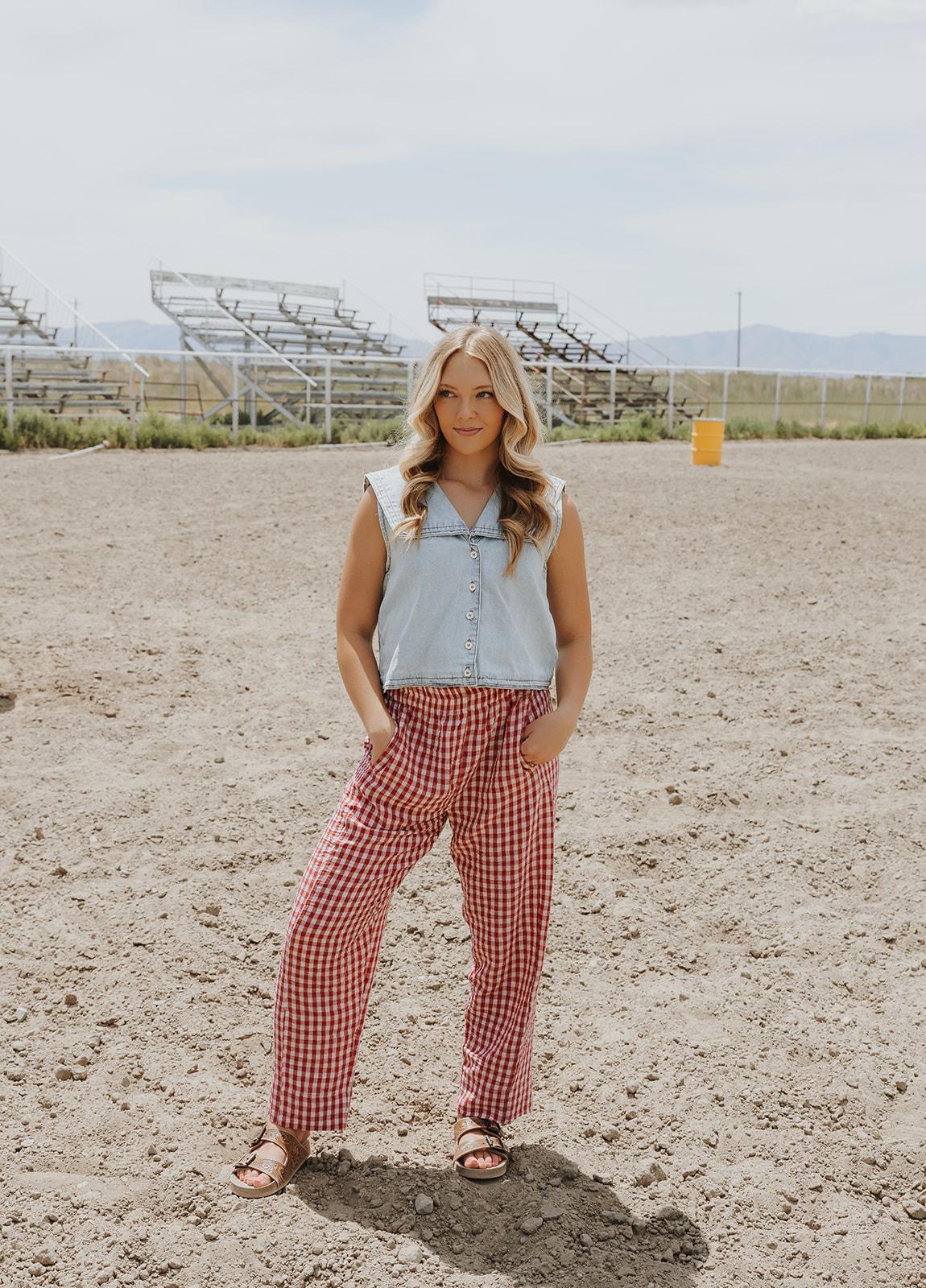 Gingham Pattern Elastic Band Waist Pants - RED/WHITE