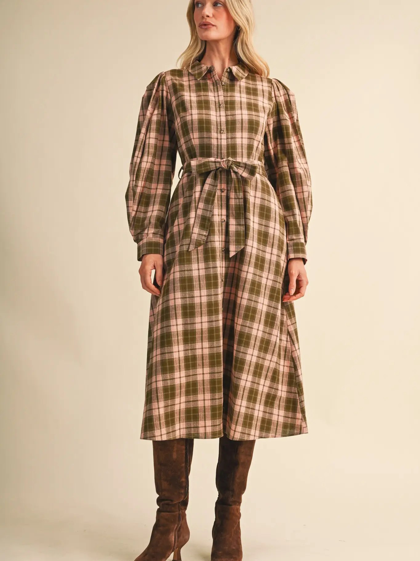 Plaid Button Down Belted Midi Dress