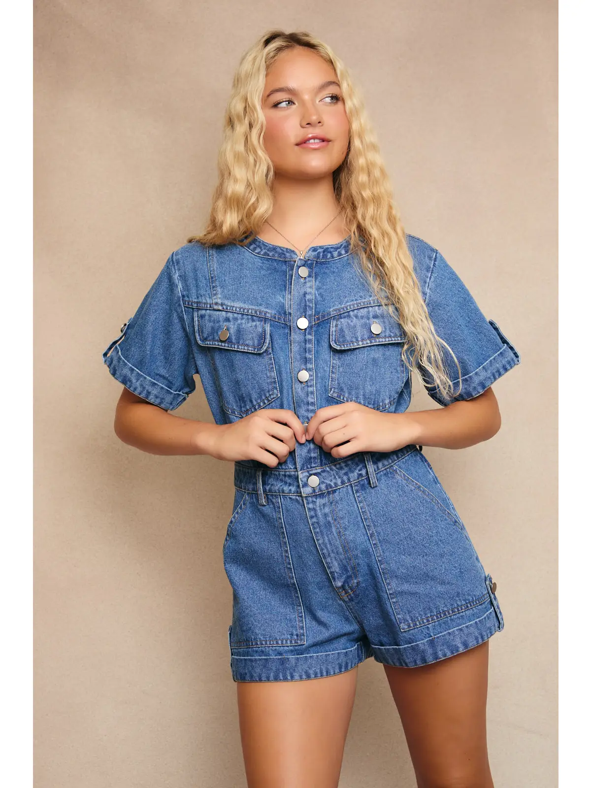 Shortalls with Washed Denim with Zip-Up Closure