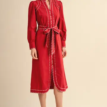 Striped Contrast Binding Detail Belted Midi Dress - RUBY RED
