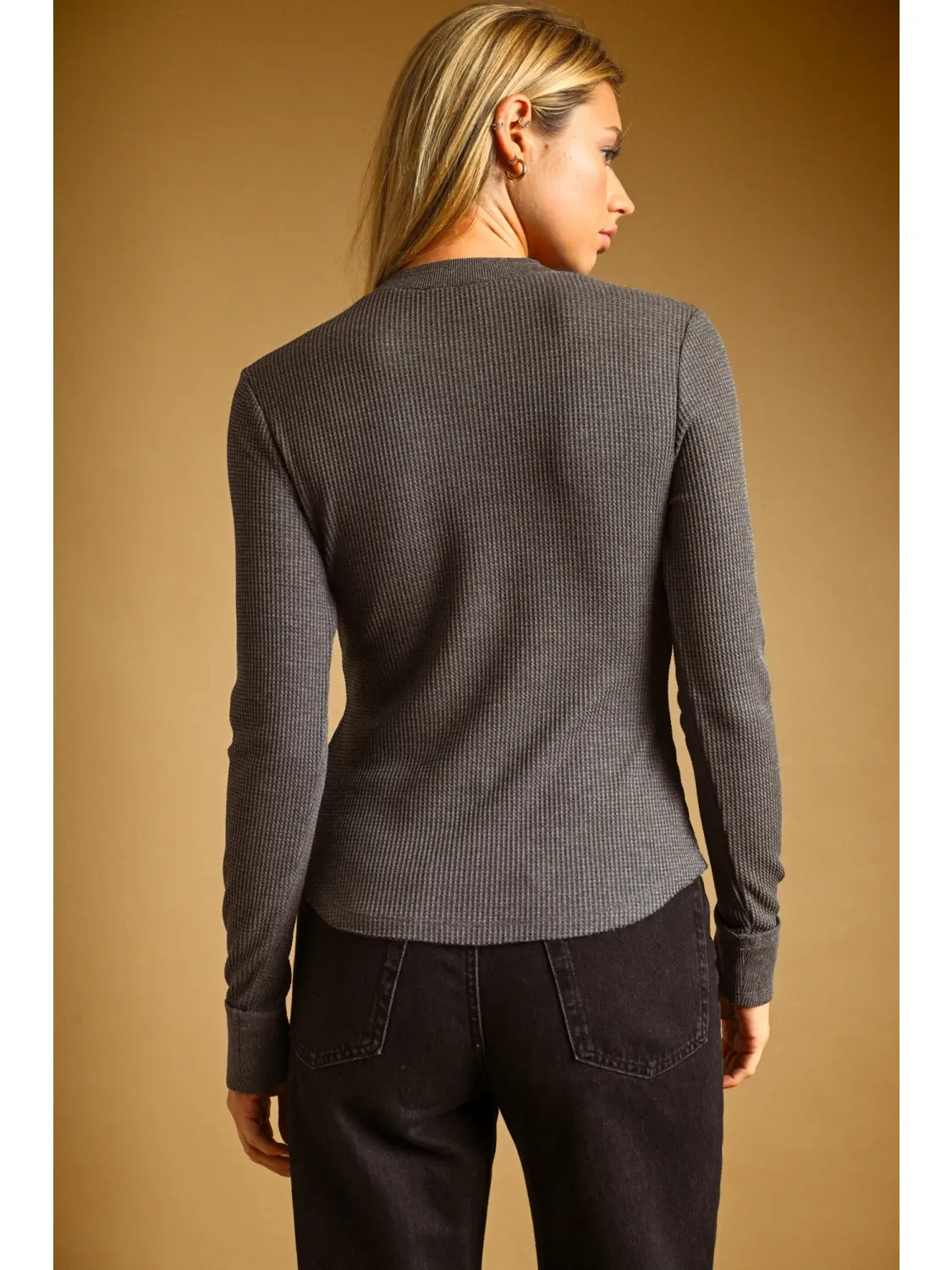 Half Snap Button Waffle Fabric Long Sleeve Top - CHARCOAL