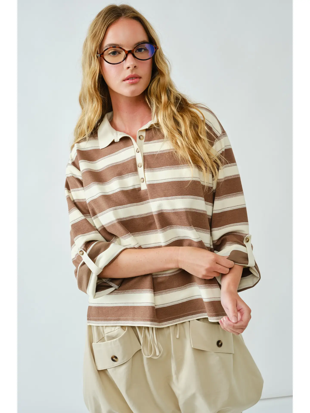 Stripe Polo T Shirt W/Sleeve Adjustable Tab - brown