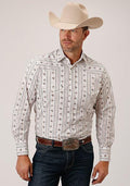MENS L/S SHIRT SNAP PRINT 1501 BROWN & BLUE WALLPAPER STRIPE 01-001-0019-3058