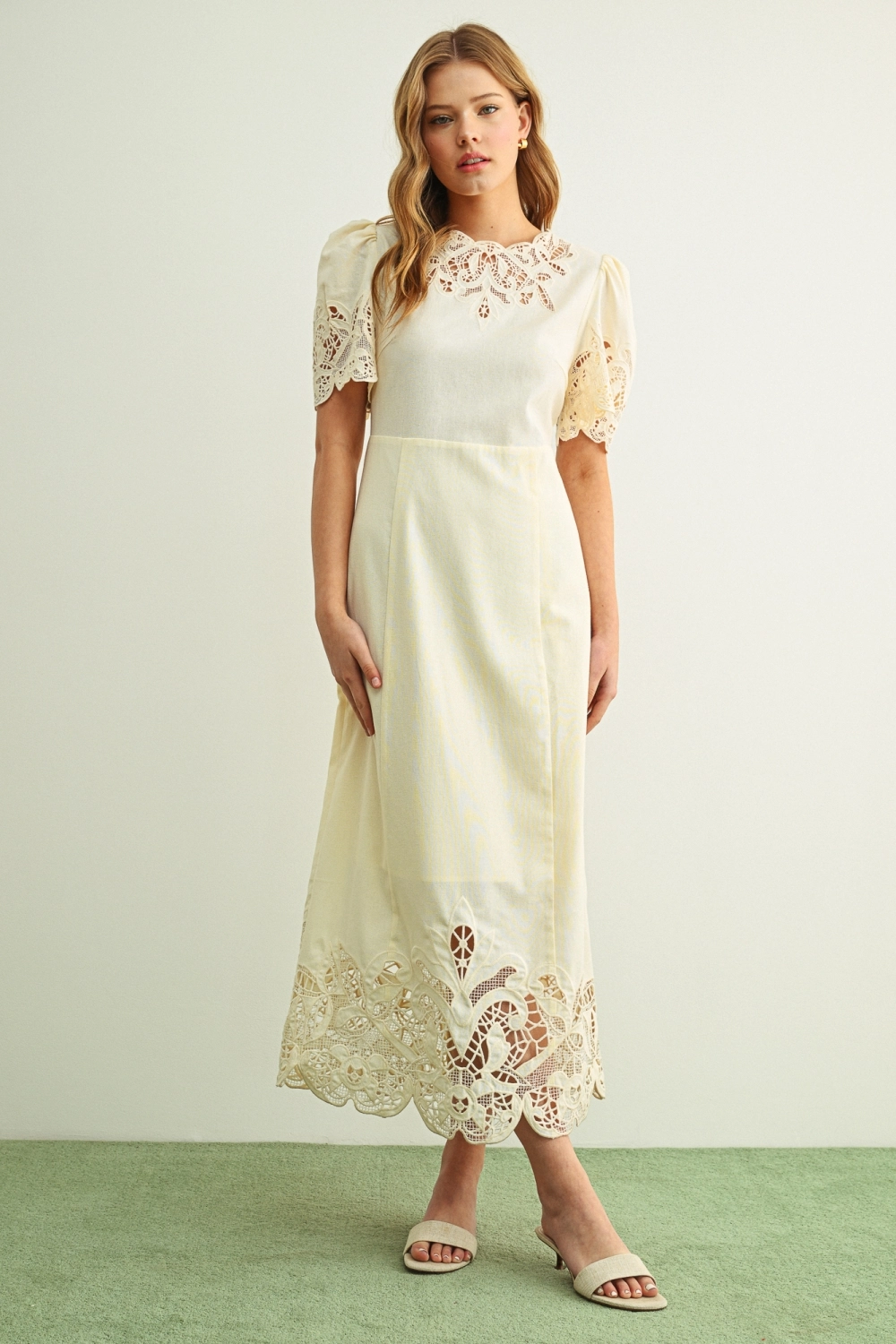Floral Embroidery Detail Linen Long Dress