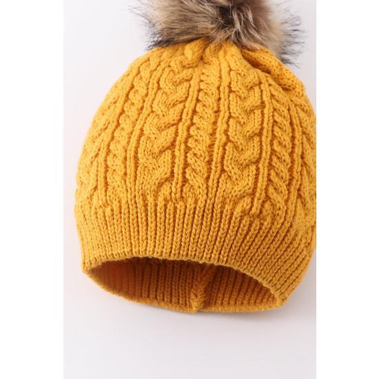 MUSTARD CABLE KNIT POM POM BEANIE