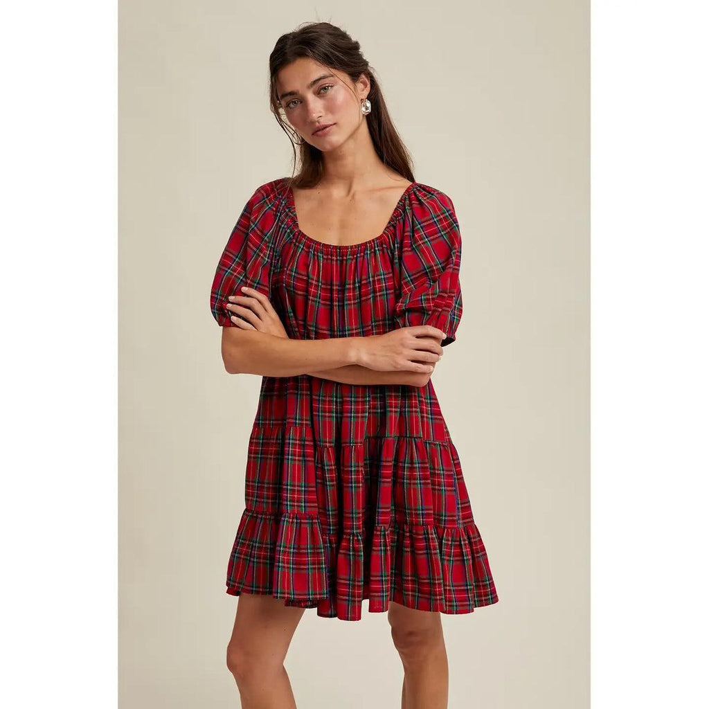 Holly Gingham Puff Sleeve Dress / Red & Green