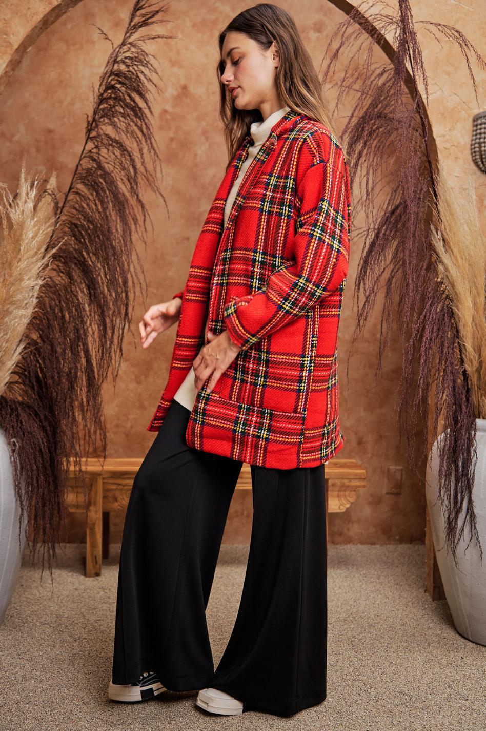 Multi Flannel Loose Fit Pocket Open Long Jacket - Red Multi