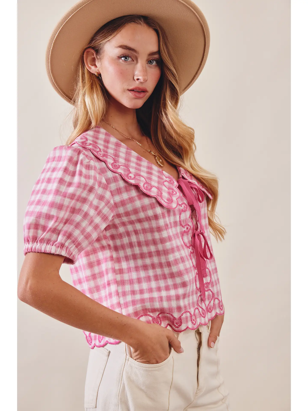 Gingham Embroidered Tie-Front Blouse - PUNCH