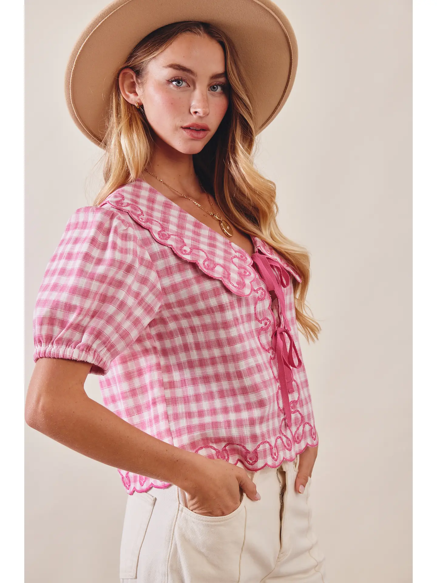 Gingham Embroidered Tie-Front Blouse - PUNCH