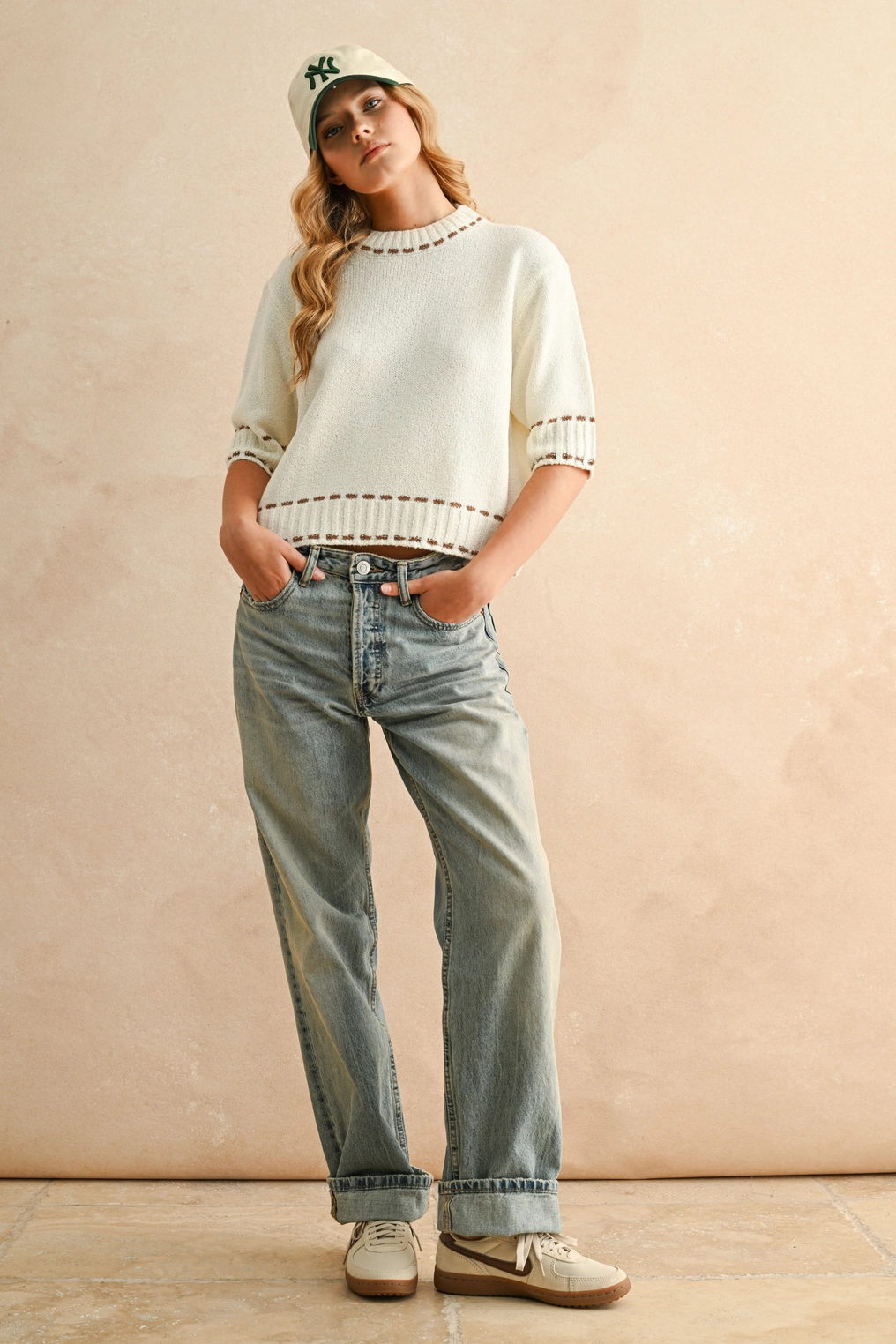 Stitch Effect Detail Short Sleeve Top - Brown