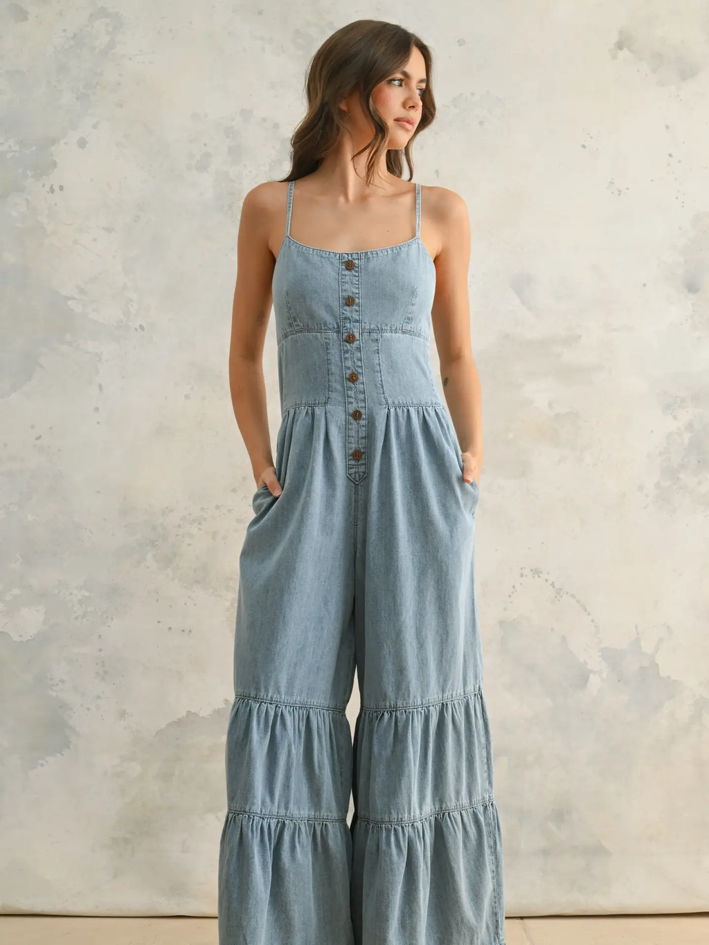 Tiered Bottom Detail Chambray Jumpsuit