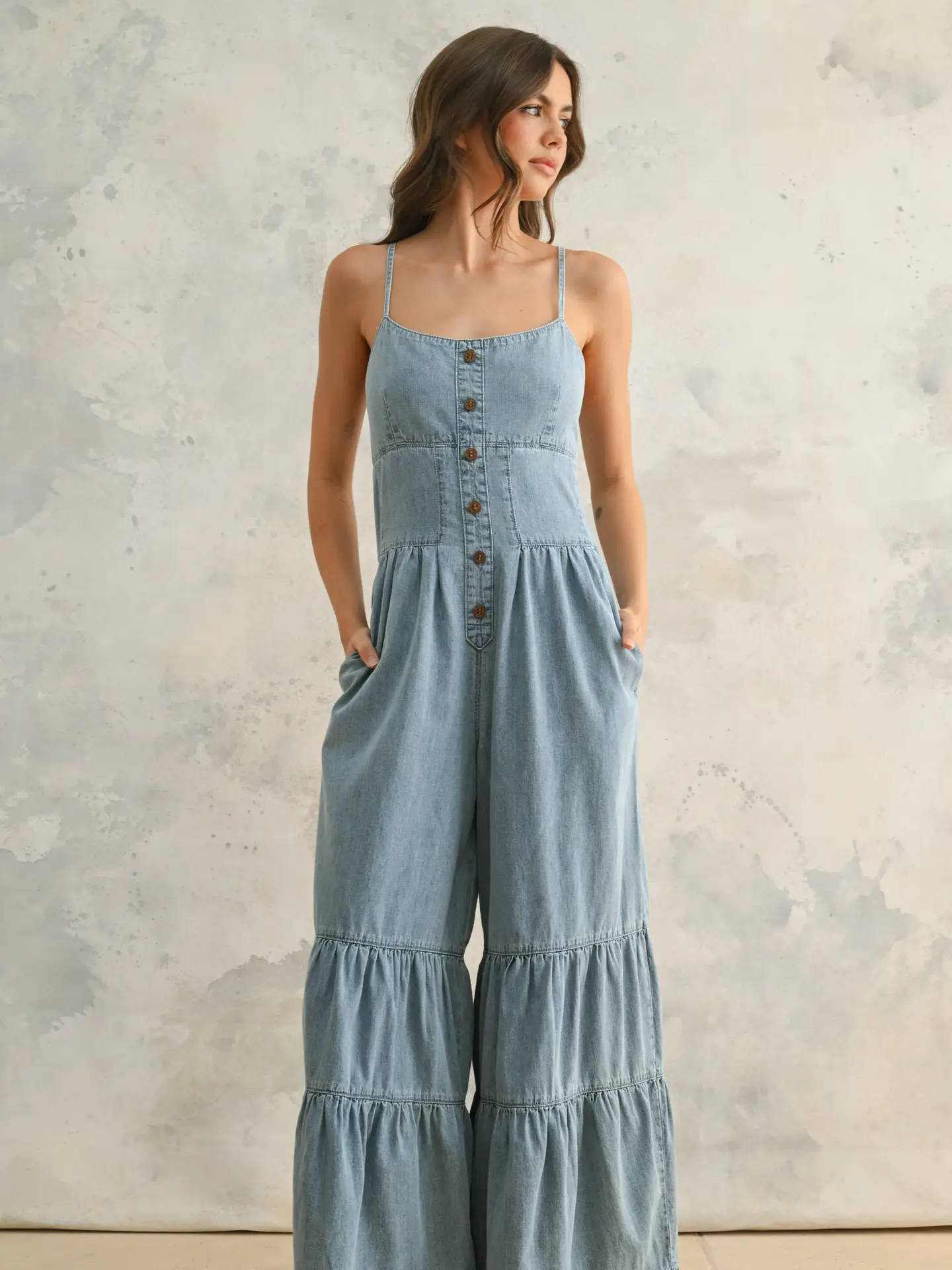 Tiered Bottom Detail Chambray Jumpsuit