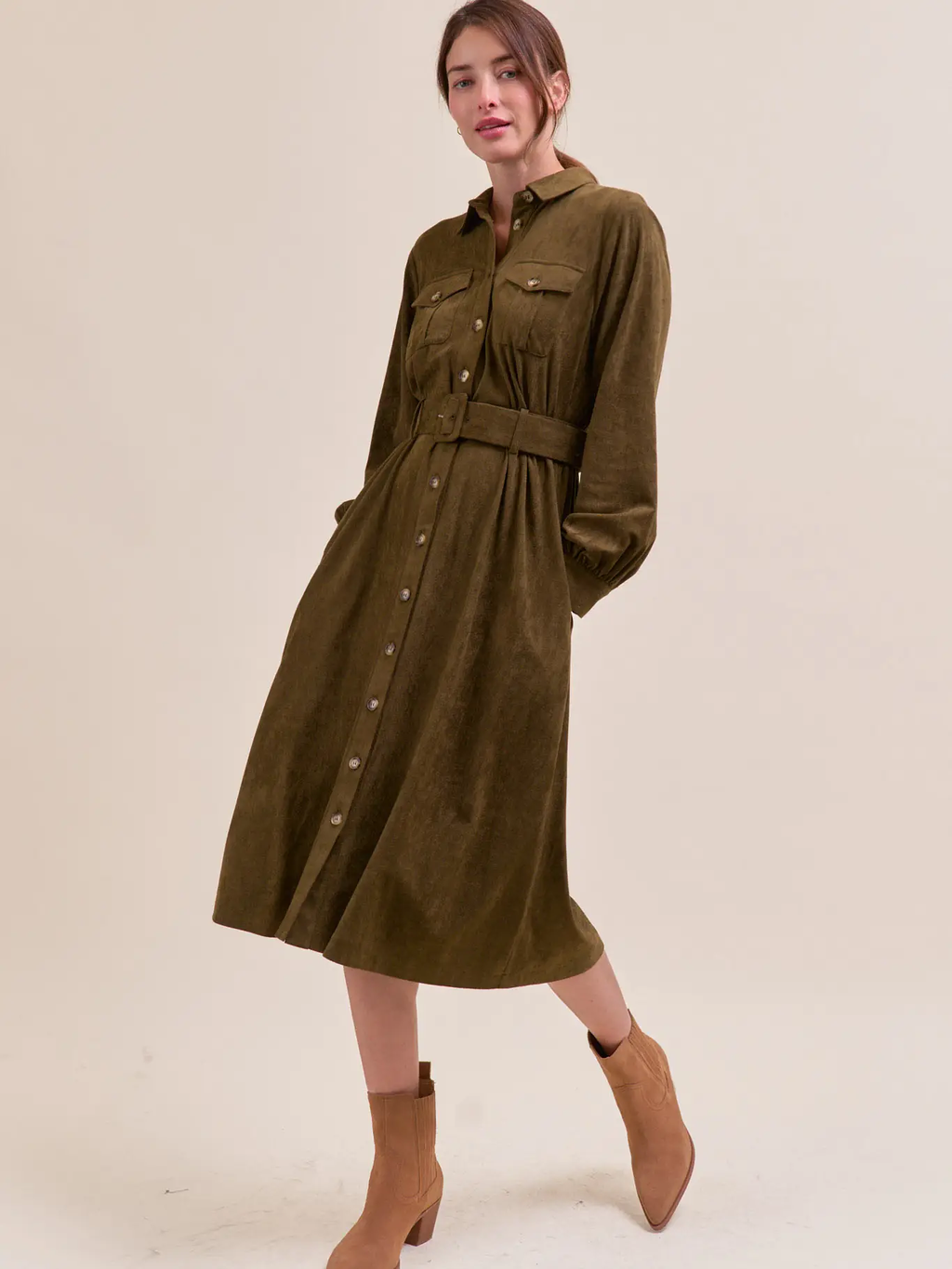 Suede Shirt Dress - OLIVE