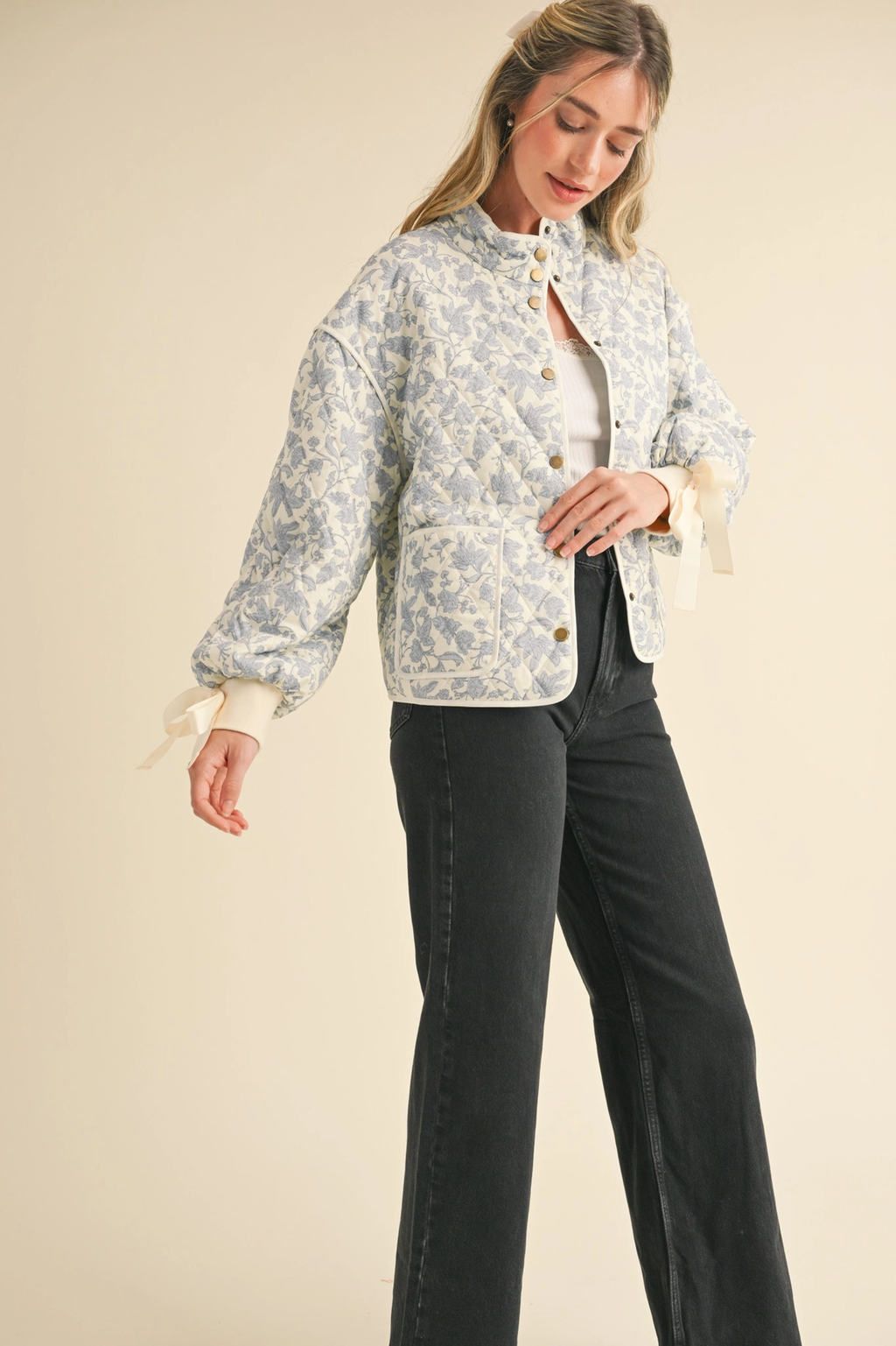 Floral Quilted Jacket with Ribbon Detail MJK3622