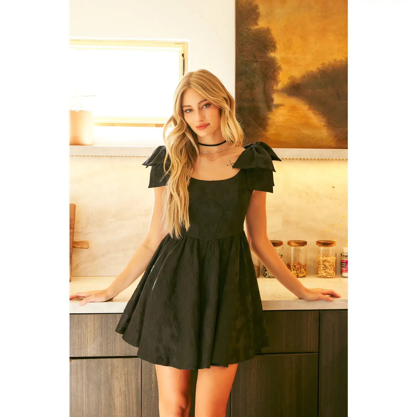 Lovely Textured Flare Mini Dress with Bow Straps
