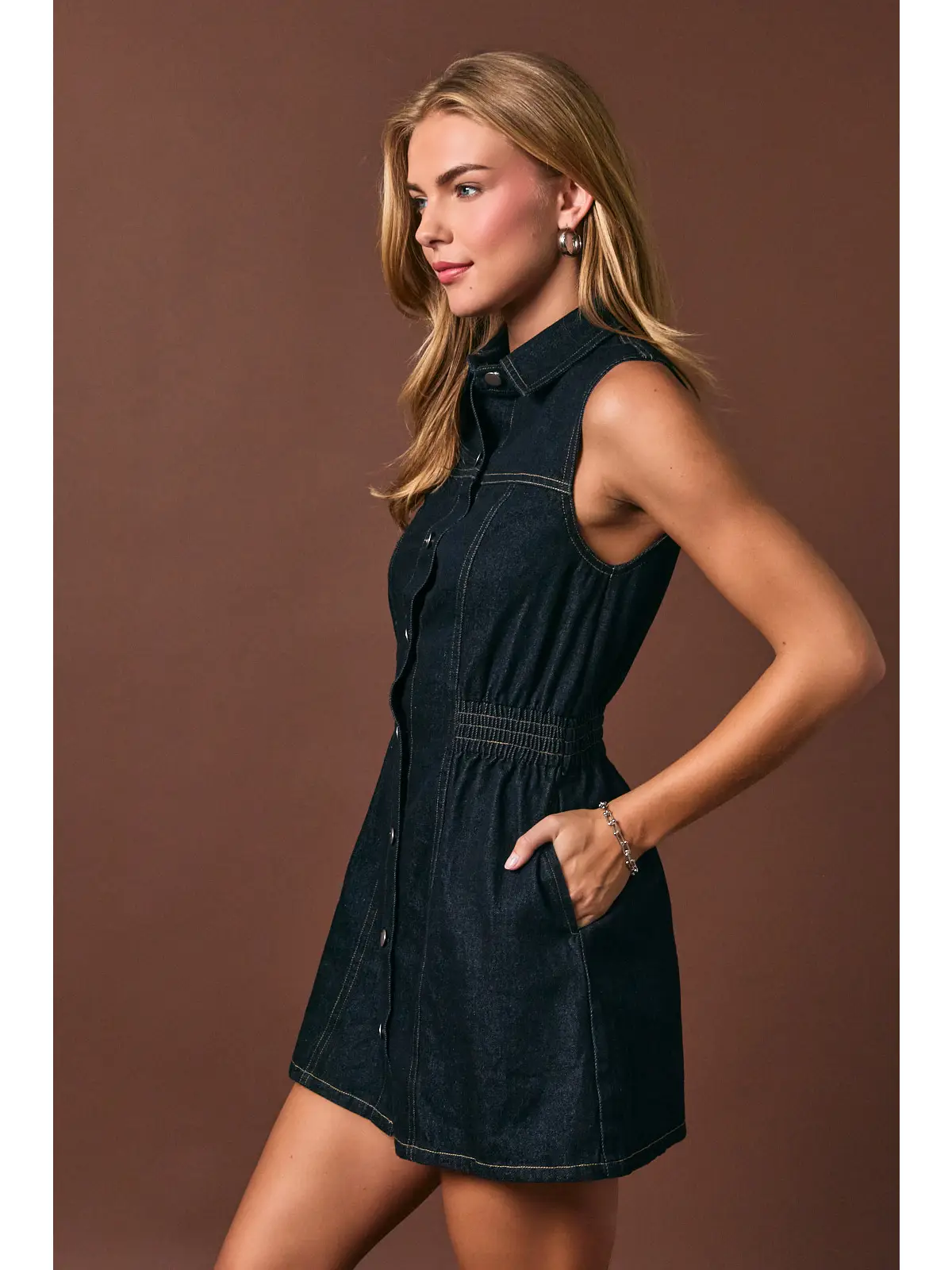 Elastic Waist Sleeveless Denim Dress