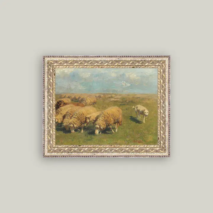 Sheep with Sheep Dog Framed Antique Art