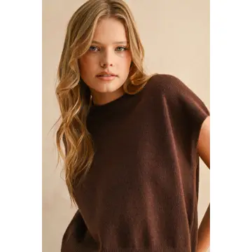 Loose Fit Short Sleeve Sweater Top - CHOCOLATE