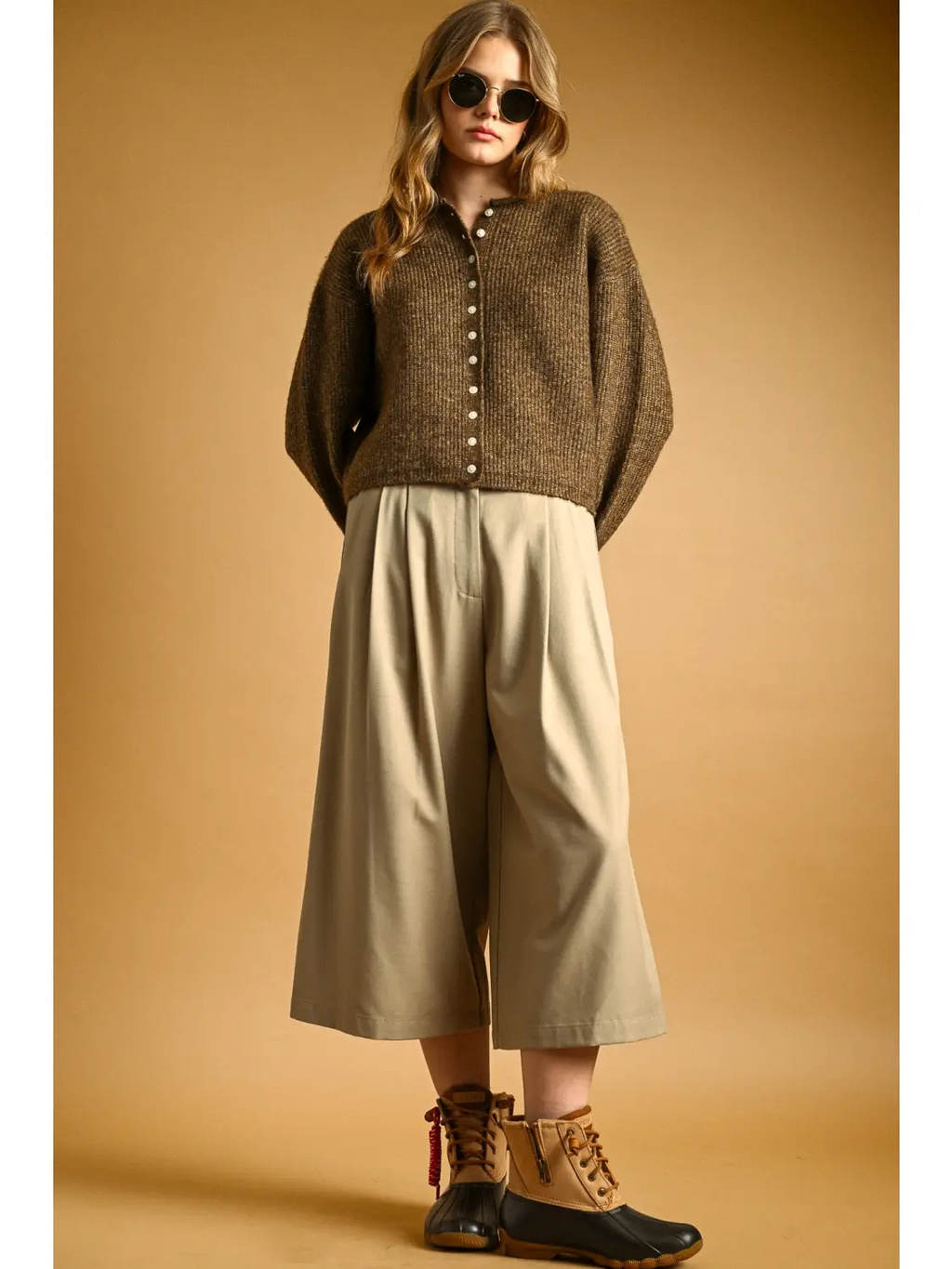 Button Front Ribbed Sweater Cardigan - BROWN
