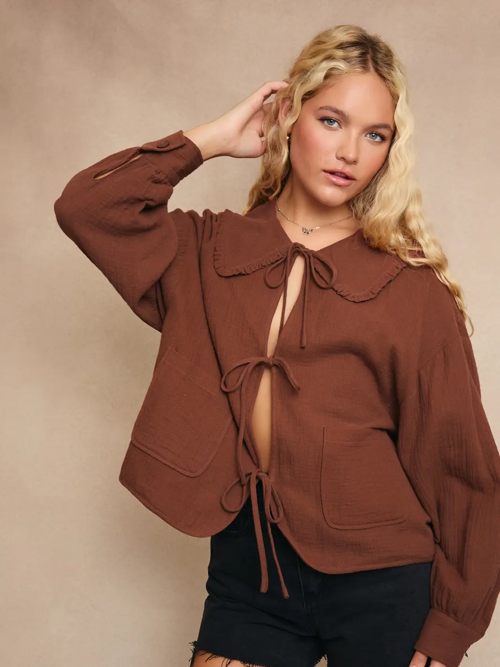 Collared Front Tie Gauze Jacket - BROWN