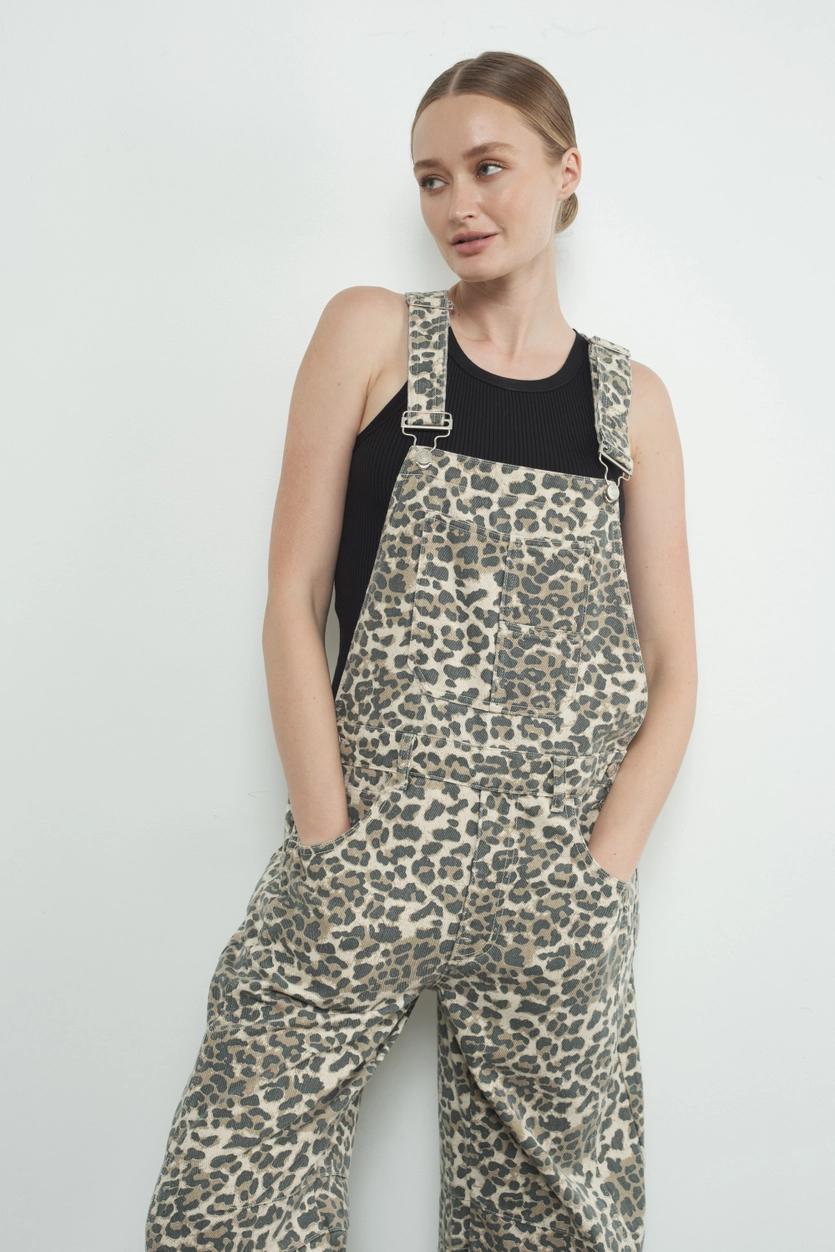 Leopard Print Slouchy Relax Fit Denim Overall