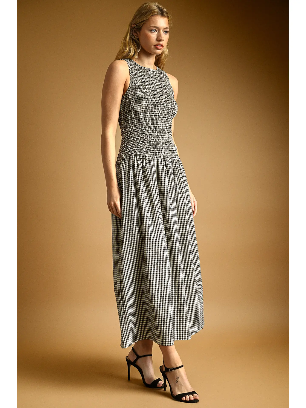 Mini Gingham Pattern Sleeveless Long Dress - BLACK